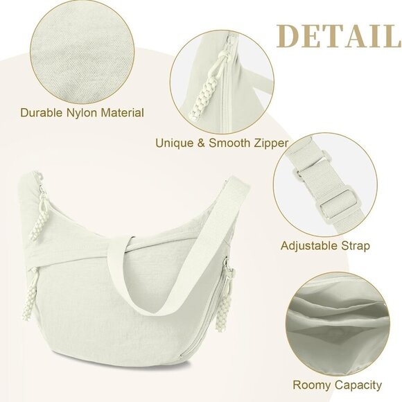 Nylon Crescent Crossbody Bag - Stylish Dumpling Design, Adjustable Strap, Beige - Picture 3 of 7